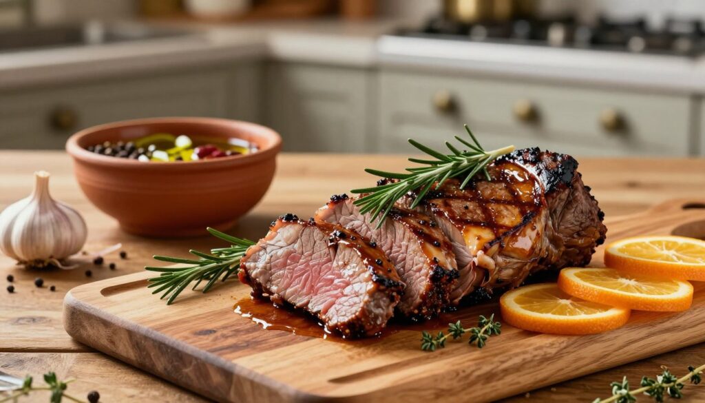 A beautifully arranged scene showcasing a marinated venison dish, highlighting the rich textures and colors of the meat. In the foreground, a wooden cutting board displays a perfectly grilled piece of marinated sarnina, glistening with a savory glaze and garnished with fresh herbs like rosemary and thyme. Sprigs of garlic and a few slices of citrus fruits are placed artfully around the meat, adding contrast and vibrancy. The middle ground features a rustic table, adorned with an earthenware bowl filled with marinating ingredients such as spices and olive oil. In the background, a soft-focus kitchen setting with warm, ambient lighting creates a cozy atmosphere. The image evokes a sense of culinary passion and warmth, drawing viewers into the heart of gourmet cooking.