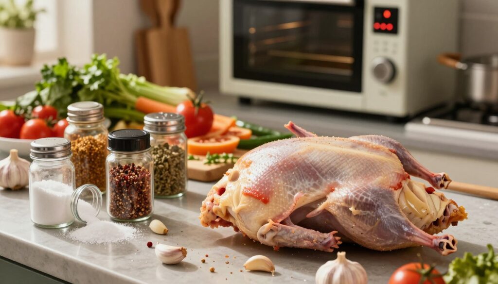 A beautifully arranged scene showcasing common mistakes in duck preparation. In the foreground, there is an uncooked duck next to various seasoning containers that are misused, like too much salt spilling over and garlic cloves scattered messily. The middle ground features a kitchen counter cluttered with over-seasoned vegetables and improperly set tools, emphasizing disorganization. In the background, a poorly timed oven timer blinks, hinting at forgotten cooking times. The lighting is warm and inviting, with soft shadows creating a realistic kitchen atmosphere. A shallow depth of field ensures the focus remains on the duck and the surrounding mishaps, capturing the essence of culinary errors while maintaining a fun and educational vibe. A beautifully arranged scene showcasing common mistakes in duck preparation. In the foreground, there is an uncooked duck next to various seasoning containers that are misused, like too much salt spilling over and garlic cloves scattered messily. The middle ground features a kitchen counter cluttered with over-seasoned vegetables and improperly set tools, emphasizing disorganization. In the background, a poorly timed oven timer blinks, hinting at forgotten cooking times. The lighting is warm and inviting, with soft shadows creating a realistic kitchen atmosphere. A shallow depth of field ensures the focus remains on the duck and the surrounding mishaps, capturing the essence of culinary errors while maintaining a fun and educational vibe.