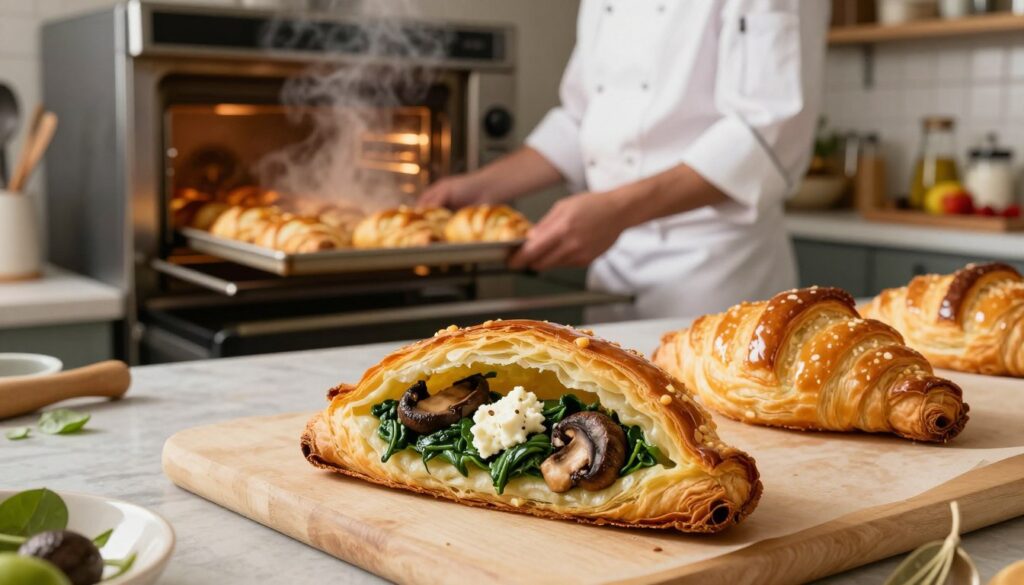 A beautifully arranged scene showcasing the effect of filling on the baking of puff pastry. In the foreground, a golden-brown, flaky pastry shell is sliced open, revealing vibrant fillings like spinach and feta, rich chocolate, and seasoned mushrooms, highlighting the contrast in textures. In the middle ground, a professional baker, dressed in a crisp white chef's coat, examines a tray of pastries emerging from a vintage oven, with steam wafting in the warm light. The background features a cozy, well-lit kitchen adorned with baking tools and colorful ingredients, creating a warm, inviting atmosphere. Soft, diffused lighting emphasizes the golden hues of the pastries while casting gentle shadows, capturing the essence of baking science and artistry.