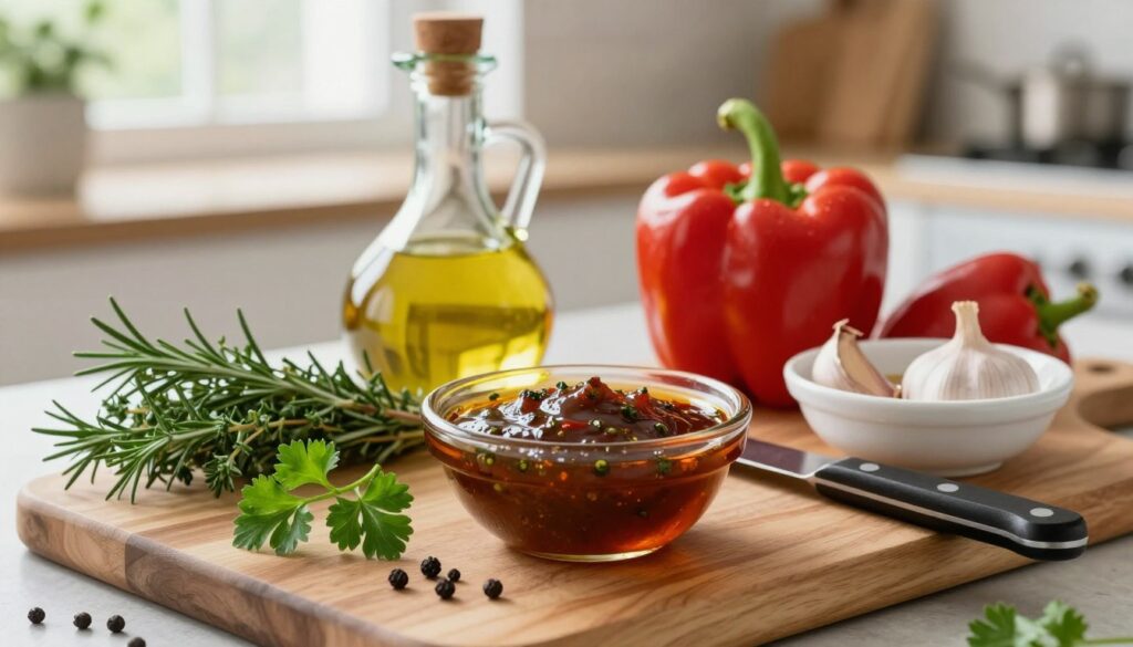 A beautifully arranged selection of ingredients essential for a flavorful marinade, including fresh herbs like rosemary and thyme, whole garlic cloves, vibrant bell peppers, and olive oil in a stylish bottle. The foreground showcases a wooden cutting board with sprigs of parsley and peppercorns scattered around. In the middle, a small bowl filled with a rich, dark marinade sits beside a knife and a ceramic dish ready for marinating. The background features a softly blurred kitchen environment, with natural light streaming through a window, creating a warm, inviting atmosphere. The composition conveys a sense of culinary artistry and the excitement of preparing a delicious meal. A beautifully arranged selection of ingredients essential for a flavorful marinade, including fresh herbs like rosemary and thyme, whole garlic cloves, vibrant bell peppers, and olive oil in a stylish bottle. The foreground showcases a wooden cutting board with sprigs of parsley and peppercorns scattered around. In the middle, a small bowl filled with a rich, dark marinade sits beside a knife and a ceramic dish ready for marinating. The background features a softly blurred kitchen environment, with natural light streaming through a window, creating a warm, inviting atmosphere. The composition conveys a sense of culinary artistry and the excitement of preparing a delicious meal.