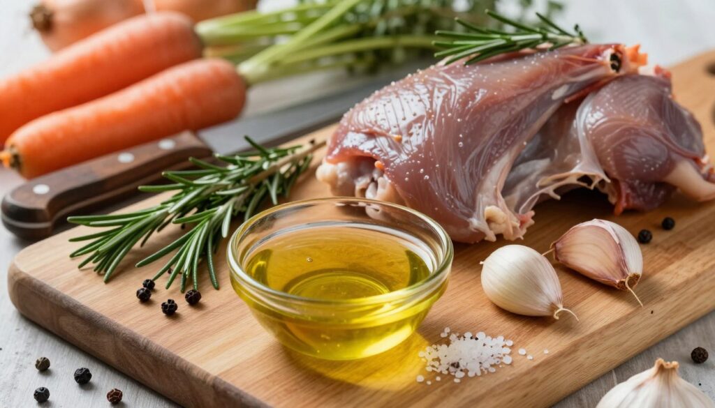 A beautifully arranged selection of ingredients for rabbit marinade, showcasing fresh herbs like rosemary and thyme, whole spices including black peppercorns and juniper berries, and vibrant garlic cloves set against a wooden cutting board. In the foreground, a small bowl of olive oil glistens, surrounded by a sprinkle of sea salt. The middle ground features a rustic knife and a handful of fresh vegetables, such as carrots and onions, hinting at complementary flavors. Soft, natural lighting enhances the earthy tones and textures, creating a warm, inviting atmosphere. The background fades softly, emphasizing the essence of preparing aromatic marinated rabbit, evoking a sense of culinary comfort and tradition, all presented from a slightly elevated angle for depth.