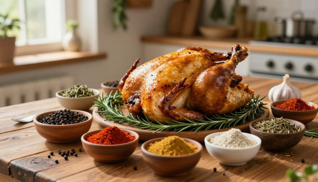 A beautifully arranged selection of meat spices on a rustic wooden table. In the foreground, various small bowls filled with colorful spices like paprika, black pepper, garlic powder, and dried herbs are artistically scattered. The middle ground features a whole roasted chicken, golden and glistening, surrounded by sprigs of fresh herbs like rosemary and thyme. In the background, soft focus reveals a warm, inviting kitchen ambiance with herbs hanging from the walls and sunlight streaming through a window, casting gentle shadows. The overall mood should be warm and inviting, evoking a sense of delicious home-cooked meals. Capture the scene with a slight overhead angle, using soft, natural lighting to enhance the colors and textures of the spices and chicken.