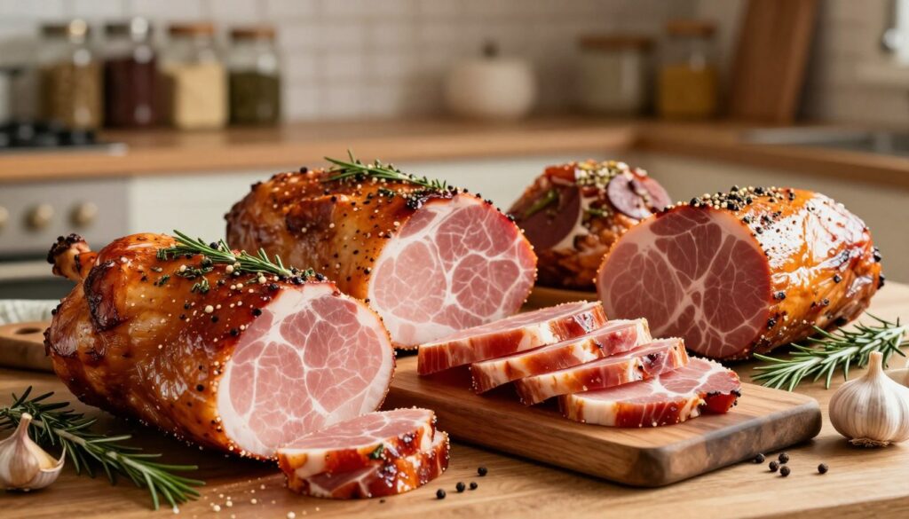 A beautifully arranged selection of pork hams, showcasing various cuts of meat ideal for roasting, poaching, and smoking. In the foreground, a whole glazed ham garnished with herbs and spices, glistening under soft, warm lighting. In the middle, several neatly sliced, succulent ham steaks displaying their marbling and texture, arranged artistically on a rustic wooden cutting board, surrounded by fresh ingredients like rosemary, garlic, and peppercorns. The background features a cozy kitchen setting with softly blurred shelves filled with jars of spices and condiments, enhancing the homely atmosphere. The composition should convey a warm, inviting mood, perfect for inspiring culinary creativity and showcasing the beauty of choice cuts of pork. Use a shallow depth of field to emphasize the hams in the foreground while maintaining an elegant, blurred background. A beautifully arranged selection of pork hams, showcasing various cuts of meat ideal for roasting, poaching, and smoking. In the foreground, a whole glazed ham garnished with herbs and spices, glistening under soft, warm lighting. In the middle, several neatly sliced, succulent ham steaks displaying their marbling and texture, arranged artistically on a rustic wooden cutting board, surrounded by fresh ingredients like rosemary, garlic, and peppercorns. The background features a cozy kitchen setting with softly blurred shelves filled with jars of spices and condiments, enhancing the homely atmosphere. The composition should convey a warm, inviting mood, perfect for inspiring culinary creativity and showcasing the beauty of choice cuts of pork. Use a shallow depth of field to emphasize the hams in the foreground while maintaining an elegant, blurred background.