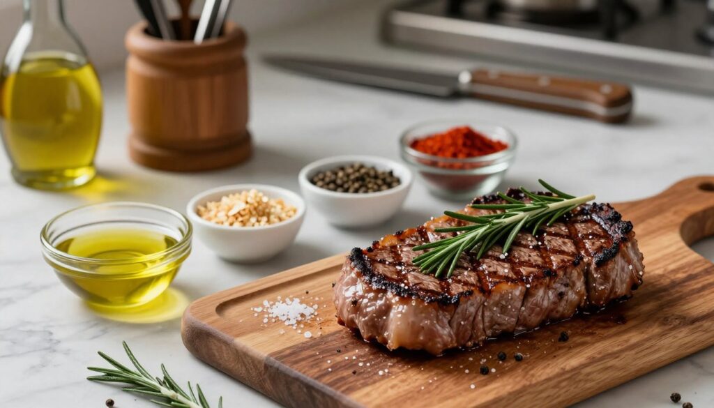 A beautifully arranged steak marinade setup, showcasing key spices and herbs for seasoning beef. In the foreground, a wooden cutting board displays a perfectly grilled steak seasoned with coarse salt, cracked black pepper, and fresh rosemary sprigs. Surrounding the steak are small bowls filled with olive oil, crushed garlic, and various spices like smoked paprika and thyme. The middle ground features a kitchen scene with a marble countertop and a rustic knife set. In the background, soft, warm lighting creates an inviting atmosphere, highlighting the textures of the ingredients. The focus is sharp on the steak and marinade, with a slight vignette effect to draw attention to this culinary art. The image evokes a sense of warmth and gourmet preparation. A beautifully arranged steak marinade setup, showcasing key spices and herbs for seasoning beef. In the foreground, a wooden cutting board displays a perfectly grilled steak seasoned with coarse salt, cracked black pepper, and fresh rosemary sprigs. Surrounding the steak are small bowls filled with olive oil, crushed garlic, and various spices like smoked paprika and thyme. The middle ground features a kitchen scene with a marble countertop and a rustic knife set. In the background, soft, warm lighting creates an inviting atmosphere, highlighting the textures of the ingredients. The focus is sharp on the steak and marinade, with a slight vignette effect to draw attention to this culinary art. The image evokes a sense of warmth and gourmet preparation.