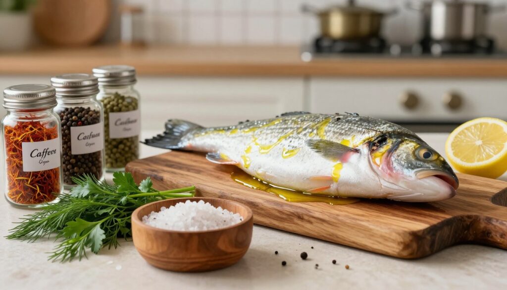 A beautifully arranged still life featuring an array of vibrant spices that enhance the flavor of fish. In the foreground, a small wooden bowl filled with sea salt sits alongside freshly chopped herbs like dill and parsley. Next to it, colorful spice jars with labels in elegant script showcase saffron, black pepper, and lemon zest. In the middle ground, whole fresh fish, glistening with a light coating of olive oil, is elegantly displayed on a rustic cutting board, showcasing its freshness. The background features a blurred kitchen setting with soft, warm lighting, evoking a cozy atmosphere. The overall mood is inviting and culinary-focused, emphasizing the depth of flavor brought by these spices.