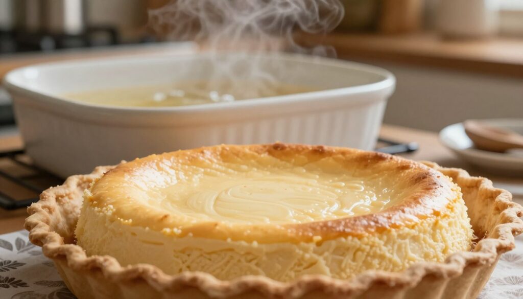 A beautifully captured scene of a freshly baked cheesecake resting in a traditional water bath. In the foreground, focus on the cheesecake with a perfectly smooth, creamy texture and a lightly golden top, surrounded by a delicate, decorative pie crust. The middle background features the water bath setup, showcasing a rustic oven with steam subtly rising from it. The background includes a cozy kitchen ambience with soft, warm lighting illuminating the scene, enhancing the inviting atmosphere. Use a close-up angle, emphasizing the details of the cheesecake’s surface and the ripples in the water bath, creating an intimate, homely feel. The overall mood is warm and inviting, highlighting the art of baking without any distractions.