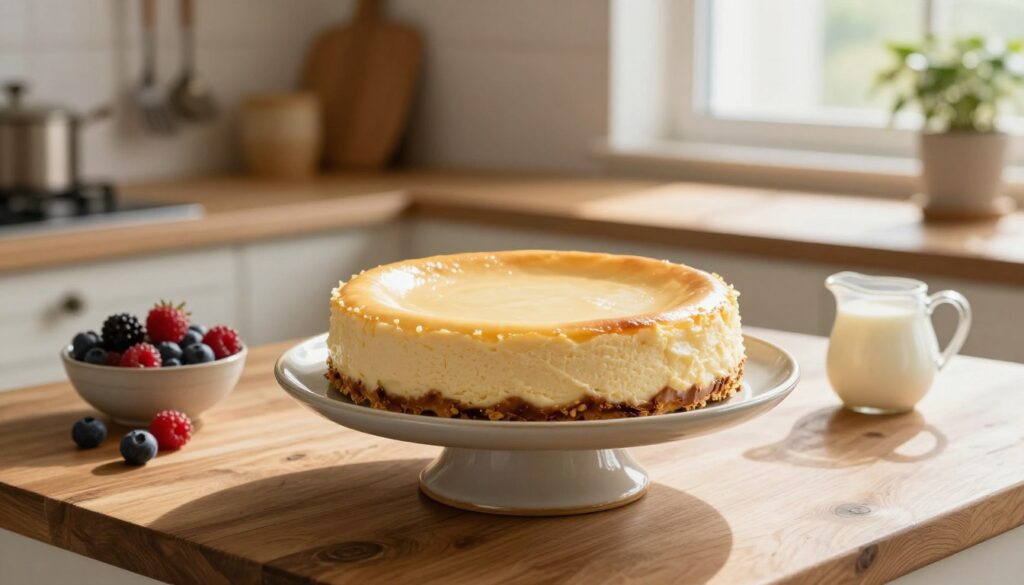 A beautifully crafted cheesecake cooling slowly on a rustic wooden countertop. In the foreground, the cake is placed on an elegant ceramic cake stand, displaying its smooth, glossy surface that reflects soft ambient light. The middle ground features a delicate kitchen setting, with natural sunlight streaming through a window, casting gentle shadows that enhance the warm, inviting atmosphere. A bowl of fresh berries and a small jug of cream lay nearby, hinting at serving suggestions. In the background, muted, cozy kitchen elements like hanging utensils and a potted plant add depth to the scene. The lighting is soft and even, evoking a calm, homely feel, perfect for illustrating the key principles of gradual cheesecake cooling. No text or watermarks.
