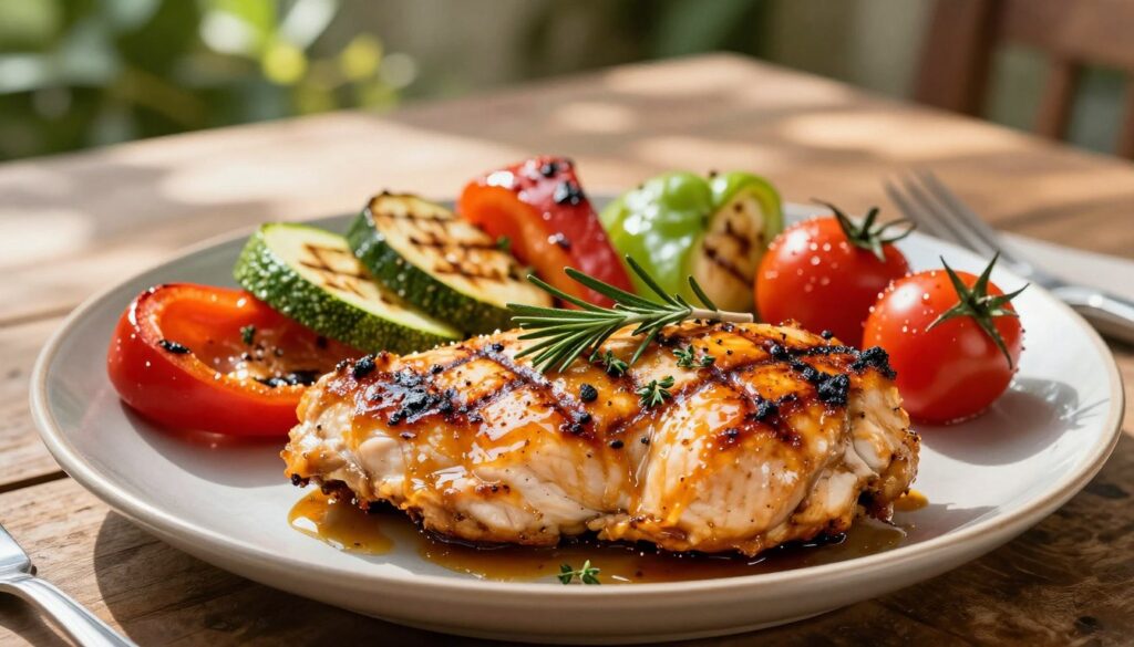 A beautifully grilled chicken breast glistening with a rich, golden-brown glaze, garnished with fresh herbs like rosemary and thyme. In the foreground, a plate holds the succulent, juicy chicken, showcasing its smoky grill marks. The middle ground features a vibrant colorful array of grilled vegetables—zucchini, bell peppers, and cherry tomatoes—adding a splash of color and freshness. The background includes a rustic wooden table and a softly blurred garden setting, with sunlight filtering through leaves, casting dappled shadows. The atmosphere is warm and inviting, evoking a feeling of warmth and comfort. The shot is taken from a slightly elevated angle, with natural lighting enhancing the textures and colors of the food, emphasizing the delicious allure of the grilled meal. A beautifully grilled chicken breast glistening with a rich, golden-brown glaze, garnished with fresh herbs like rosemary and thyme. In the foreground, a plate holds the succulent, juicy chicken, showcasing its smoky grill marks. The middle ground features a vibrant colorful array of grilled vegetables—zucchini, bell peppers, and cherry tomatoes—adding a splash of color and freshness. The background includes a rustic wooden table and a softly blurred garden setting, with sunlight filtering through leaves, casting dappled shadows. The atmosphere is warm and inviting, evoking a feeling of warmth and comfort. The shot is taken from a slightly elevated angle, with natural lighting enhancing the textures and colors of the food, emphasizing the delicious allure of the grilled meal.