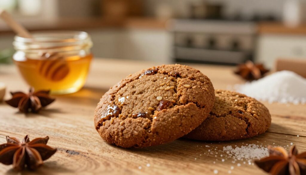 A beautifully lit scene focused on a freshly baked gingerbread cookie, showcasing its moist texture. In the foreground, the cookie is placed on a rustic wooden surface, glistening slightly to indicate its humidity, with a subtle sheen reflecting warm, golden light. In the middle ground, a few ingredients such as honey, spices, and sugar are artfully scattered around, creating a cozy baking atmosphere. The background is softly blurred, hinting at an inviting kitchen environment with a faint outline of an oven. The lighting is warm and soft, creating a nostalgic and comforting mood, perfect for the holiday season. The angle captures the cookie at a slightly oblique view, highlighting its round shape and rich, dark color while emphasizing its moist appeal. A beautifully lit scene focused on a freshly baked gingerbread cookie, showcasing its moist texture. In the foreground, the cookie is placed on a rustic wooden surface, glistening slightly to indicate its humidity, with a subtle sheen reflecting warm, golden light. In the middle ground, a few ingredients such as honey, spices, and sugar are artfully scattered around, creating a cozy baking atmosphere. The background is softly blurred, hinting at an inviting kitchen environment with a faint outline of an oven. The lighting is warm and soft, creating a nostalgic and comforting mood, perfect for the holiday season. The angle captures the cookie at a slightly oblique view, highlighting its round shape and rich, dark color while emphasizing its moist appeal.