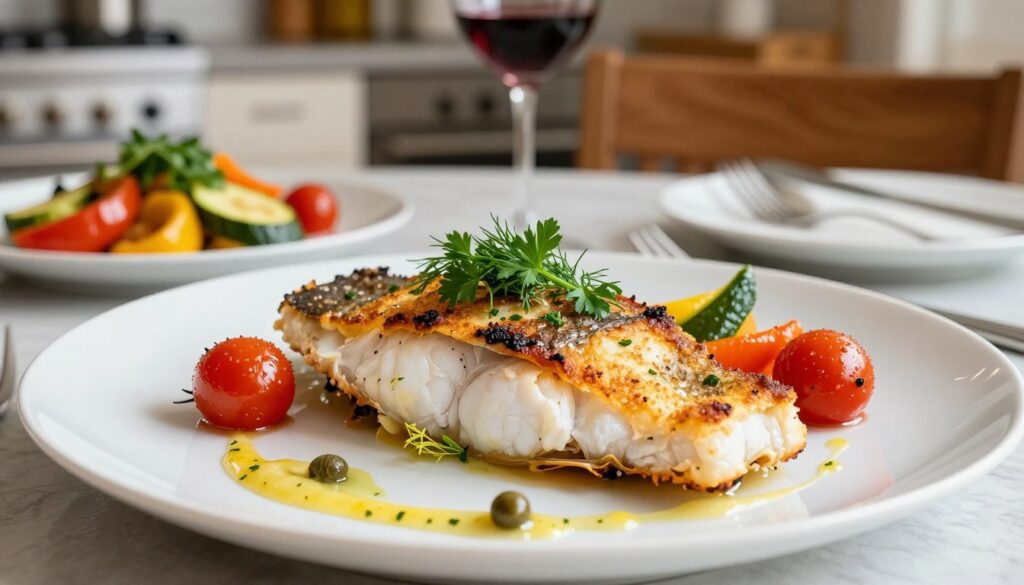 A beautifully plated baked cod fish, garnished with fresh herbs such as parsley and dill, sits prominently in the foreground. The cod is golden-brown with a crispy exterior, revealing tender, flaky white flesh beneath. Surrounding the fish are vibrant, creative accompaniments: a drizzle of a light citrus sauce with hints of lemon and capers, along with colorful roasted vegetables including cherry tomatoes, zucchini, and bell peppers. In the middle ground, an elegantly set dining table with soft, natural lighting creates a warm, inviting atmosphere. The background features a subtle out-of-focus kitchen setting with warm wood accents, enhancing the cozy feel. Capture this scene from a slightly elevated angle, emphasizing the dish's texture and vibrant colors, evoking a sense of gourmet dining. A beautifully plated baked cod fish, garnished with fresh herbs such as parsley and dill, sits prominently in the foreground. The cod is golden-brown with a crispy exterior, revealing tender, flaky white flesh beneath. Surrounding the fish are vibrant, creative accompaniments: a drizzle of a light citrus sauce with hints of lemon and capers, along with colorful roasted vegetables including cherry tomatoes, zucchini, and bell peppers. In the middle ground, an elegantly set dining table with soft, natural lighting creates a warm, inviting atmosphere. The background features a subtle out-of-focus kitchen setting with warm wood accents, enhancing the cozy feel. Capture this scene from a slightly elevated angle, emphasizing the dish's texture and vibrant colors, evoking a sense of gourmet dining.