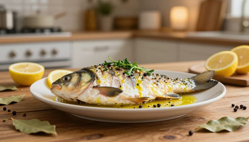 A beautifully plated dish of carp, garnished with fresh herbs and spices that enhance its flavor, placed on a rustic wooden table. In the foreground, highlight the textures of the fish, showcasing its delicate, flaky flesh, glistening with a light drizzle of olive oil. Surround the carp with aromatic spices like peppercorns, bay leaves, and slices of lemon, conveying a sense of freshness. The middle ground features a soft-focus background of a cozy kitchen, with warm, inviting lighting that creates a homely atmosphere. The scene is captured using a shallow depth of field, emphasizing the dish while softly blurring the surroundings to evoke a sense of comfort and culinary delight. A beautifully plated dish of carp, garnished with fresh herbs and spices that enhance its flavor, placed on a rustic wooden table. In the foreground, highlight the textures of the fish, showcasing its delicate, flaky flesh, glistening with a light drizzle of olive oil. Surround the carp with aromatic spices like peppercorns, bay leaves, and slices of lemon, conveying a sense of freshness. The middle ground features a soft-focus background of a cozy kitchen, with warm, inviting lighting that creates a homely atmosphere. The scene is captured using a shallow depth of field, emphasizing the dish while softly blurring the surroundings to evoke a sense of comfort and culinary delight.