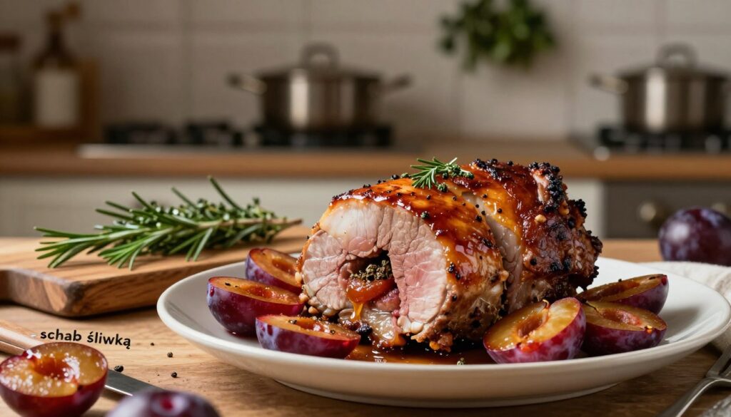 A beautifully plated dish of "schab śliwką," featuring a succulent pork loin stuffed with sweet plums and aromatic spices. In the foreground, the focus is on the golden-brown roasted pork, glistening with a delicate glaze, surrounded by sliced plums showcasing their juicy texture. The middle ground includes a rustic wooden cutting board, adorned with fresh herbs like rosemary and thyme for added color and flavor. In the background, a softly lit kitchen scene evokes warmth, with blurred shadows of cookware and a hint of herbs hanging. The lighting is warm and inviting, reminiscent of a cozy kitchen atmosphere, while a shallow depth of field emphasizes the dish's details. The mood conveys comfort and culinary expertise, perfect for showcasing a delicious and heartwarming meal. A beautifully plated dish of "schab śliwką," featuring a succulent pork loin stuffed with sweet plums and aromatic spices. In the foreground, the focus is on the golden-brown roasted pork, glistening with a delicate glaze, surrounded by sliced plums showcasing their juicy texture. The middle ground includes a rustic wooden cutting board, adorned with fresh herbs like rosemary and thyme for added color and flavor. In the background, a softly lit kitchen scene evokes warmth, with blurred shadows of cookware and a hint of herbs hanging. The lighting is warm and inviting, reminiscent of a cozy kitchen atmosphere, while a shallow depth of field emphasizes the dish's details. The mood conveys comfort and culinary expertise, perfect for showcasing a delicious and heartwarming meal.
