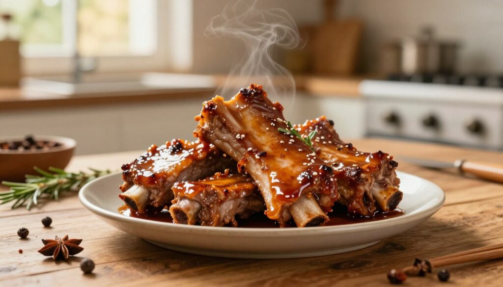 A beautifully plated dish of slow-cooked pork ribs, glistening with a caramelized sweet and spicy sauce that highlights the tender, juicy meat. The ribs are artfully arranged on a rustic wooden table, with a side of aromatic herbs and spices artfully scattered around. In the background, a warm, inviting kitchen setting can be seen, softly illuminated by golden, natural light filtering through a window. A subtle steam rises from the dish, enhancing the mouth-watering allure of the meal. Use a shallow depth of field to focus sharply on the ribs, blurring the background to evoke a cozy and appetizing atmosphere. The image should convey comfort and warmth, perfect for a culinary article. A beautifully plated dish of slow-cooked pork ribs, glistening with a caramelized sweet and spicy sauce that highlights the tender, juicy meat. The ribs are artfully arranged on a rustic wooden table, with a side of aromatic herbs and spices artfully scattered around. In the background, a warm, inviting kitchen setting can be seen, softly illuminated by golden, natural light filtering through a window. A subtle steam rises from the dish, enhancing the mouth-watering allure of the meal. Use a shallow depth of field to focus sharply on the ribs, blurring the background to evoke a cozy and appetizing atmosphere. The image should convey comfort and warmth, perfect for a culinary article.