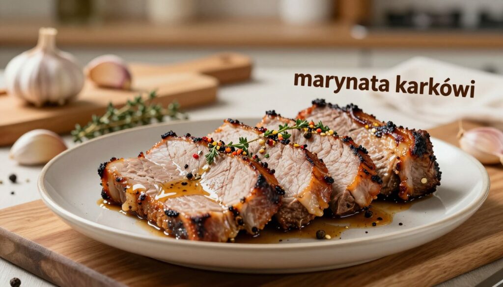 A beautifully presented plate of marinated pork neck, known as "marynata karkówki," showcasing succulent, tender meat glistening from a rich, savory marinade. The foreground features the juicy, grilled pork slices arranged artfully, with a sprinkle of fresh herbs and colorful spices enhancing their appeal. In the middle ground, rustic ingredients like garlic cloves, thyme, and peppercorns are artistically scattered, hinting at the marinade's flavor profile. The background includes a wooden cutting board and a soft-focus kitchen setting with warm, inviting lighting that creates a cozy atmosphere. A subtle depth of field effect adds focus to the dish, evoking a heartwarming culinary experience that embodies the art of flavor blending in a home kitchen.