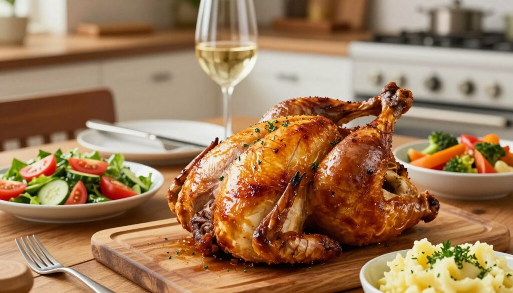 A beautifully roasted chicken, golden-brown and glistening with herbs, sits proudly on a rustic wooden table. The foreground features a perfectly carved section of the chicken, showcasing tender, juicy meat. Surrounding it are vibrant side dishes: a fresh green salad with tomatoes and cucumbers, creamy mashed potatoes embellished with herbs, and a bowl of sautéed seasonal vegetables in vivid colors. The middle ground includes an elegant plate setting with polished cutlery and a glass of chilled white wine. In the background, a cozy kitchen ambiance is highlighted by soft, warm lighting, creating a welcoming and appetizing atmosphere, as if inviting one to enjoy a sumptuous meal. The angle is slightly overhead, capturing all elements harmoniously together without any text or distractions. A beautifully roasted chicken, golden-brown and glistening with herbs, sits proudly on a rustic wooden table. The foreground features a perfectly carved section of the chicken, showcasing tender, juicy meat. Surrounding it are vibrant side dishes: a fresh green salad with tomatoes and cucumbers, creamy mashed potatoes embellished with herbs, and a bowl of sautéed seasonal vegetables in vivid colors. The middle ground includes an elegant plate setting with polished cutlery and a glass of chilled white wine. In the background, a cozy kitchen ambiance is highlighted by soft, warm lighting, creating a welcoming and appetizing atmosphere, as if inviting one to enjoy a sumptuous meal. The angle is slightly overhead, capturing all elements harmoniously together without any text or distractions.