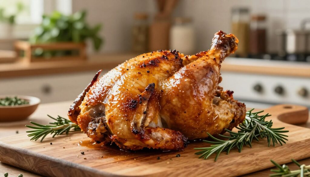 A beautifully roasted chicken leg quarter, glistening with a golden-brown, crispy skin, sits center stage on a rustic wooden cutting board. The skin is perfectly crackling, showcasing its textural allure. Surrounding the chicken are fresh sprigs of rosemary and thyme, adding a touch of vibrant green. In the background, a softly lit kitchen setting exudes a warm and inviting atmosphere, with blurry shelves filled with herbs and spices. The lighting is warm and natural, highlighting the glistening skin and the savory juices of the meat. The camera angle is slightly above, capturing both the chicken and its garnishes, creating an appetizing visual that emphasizes the cooking process and the dish’s appeal. The overall mood is cozy and homey, inspiring the viewer to savor the culinary experience.