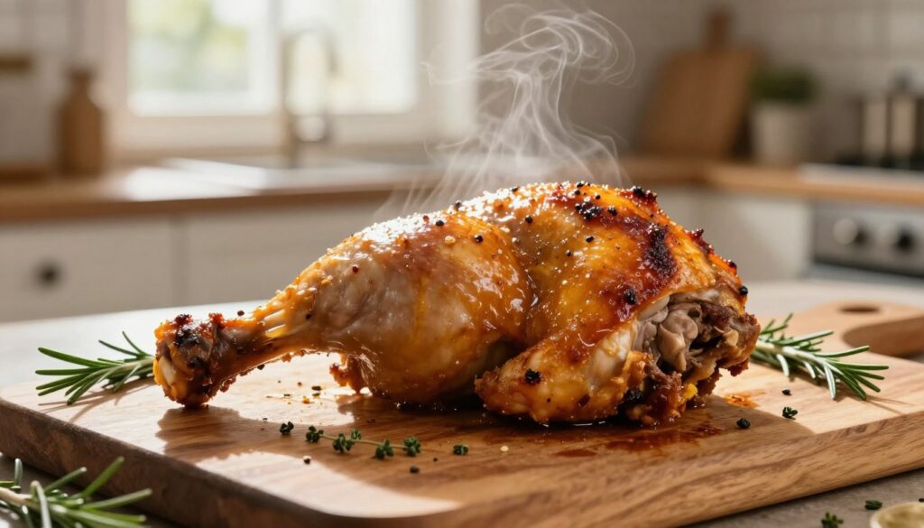 A beautifully roasted chicken leg quarter, glistening with a golden-brown marinade, is the focus of the image. It's positioned on a rustic wooden cutting board with fresh herbs like rosemary and thyme sprinkled around for contrast. In the background, a softly blurred kitchen setting showcases a warm, inviting atmosphere with natural light streaming in from a nearby window. A hint of steam rises from the chicken, emphasizing its juiciness and warmth. The entire scene is captured with a shallow depth of field, drawing attention to the detailed textures of the crispy skin and succulent meat. The mood is cozy and homely, perfect for depicting a comforting, satisfying meal. A beautifully roasted chicken leg quarter, glistening with a golden-brown marinade, is the focus of the image. It's positioned on a rustic wooden cutting board with fresh herbs like rosemary and thyme sprinkled around for contrast. In the background, a softly blurred kitchen setting showcases a warm, inviting atmosphere with natural light streaming in from a nearby window. A hint of steam rises from the chicken, emphasizing its juiciness and warmth. The entire scene is captured with a shallow depth of field, drawing attention to the detailed textures of the crispy skin and succulent meat. The mood is cozy and homely, perfect for depicting a comforting, satisfying meal.