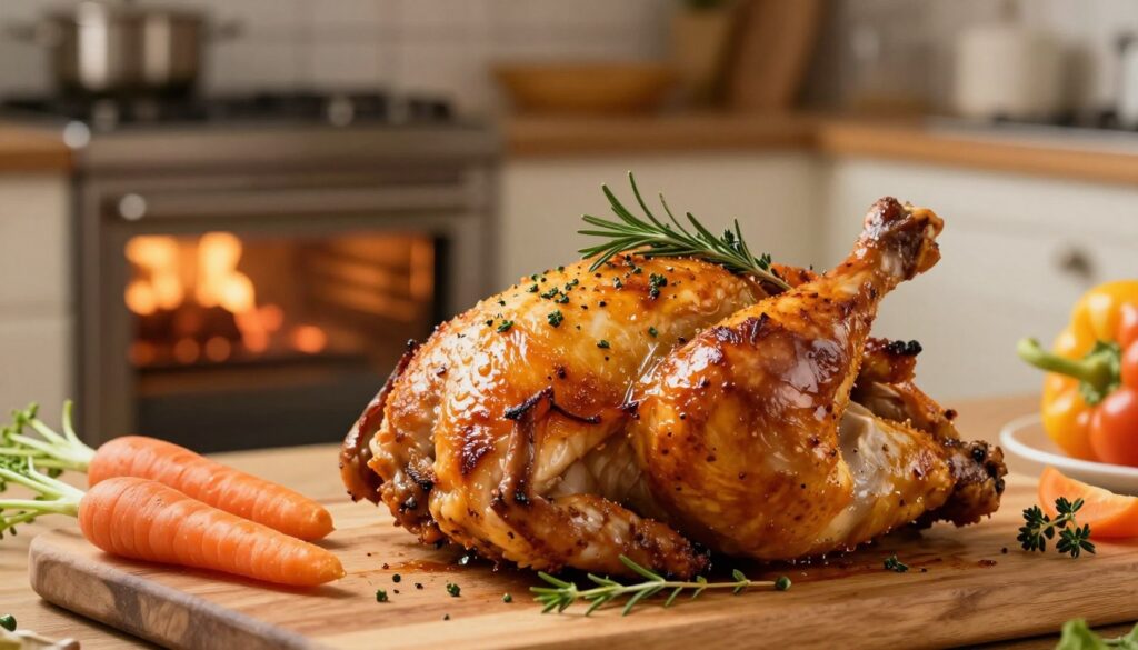 A beautifully roasted chicken thigh, garnished with fresh herbs like rosemary and thyme, glistening with golden-brown skin, showcasing a perfectly crispy texture. The foreground features a wooden cutting board with a few pieces of fresh vegetables like carrots and bell peppers beside the succulent chicken. The middle ground includes a rustic oven, emitting a warm glow, hinting at its heat source. The background has a softly blurred kitchen setting, with warm, ambient lighting enhancing the cozy atmosphere. The focus is sharp on the chicken, capturing its juicy and well-seasoned surface. The image should evoke a comforting and appetizing feeling, perfect for illustrating the art of oven roasting. A beautifully roasted chicken thigh, garnished with fresh herbs like rosemary and thyme, glistening with golden-brown skin, showcasing a perfectly crispy texture. The foreground features a wooden cutting board with a few pieces of fresh vegetables like carrots and bell peppers beside the succulent chicken. The middle ground includes a rustic oven, emitting a warm glow, hinting at its heat source. The background has a softly blurred kitchen setting, with warm, ambient lighting enhancing the cozy atmosphere. The focus is sharp on the chicken, capturing its juicy and well-seasoned surface. The image should evoke a comforting and appetizing feeling, perfect for illustrating the art of oven roasting.