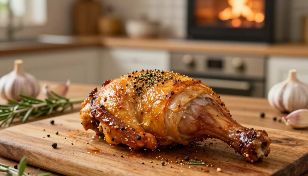 A beautifully roasted chicken thigh, golden brown and glistening with a delectable seasoning blend, is displayed prominently in the foreground. The skin is perfectly crisp, showcasing a rich, appetizing texture. The middle ground features a rustic wooden table topped with fresh herbs, garlic, and spices, emphasizing the ideal seasoning for a juicy result. In the background, a cozy kitchen setting with soft, warm lighting creates an inviting atmosphere, hinting at the warmth of an oven in the distance. The scene is captured from a slightly elevated angle to highlight the juicy meat. The mood is homey and comforting, evoking the essence of a family meal filled with flavor and care. A beautifully roasted chicken thigh, golden brown and glistening with a delectable seasoning blend, is displayed prominently in the foreground. The skin is perfectly crisp, showcasing a rich, appetizing texture. The middle ground features a rustic wooden table topped with fresh herbs, garlic, and spices, emphasizing the ideal seasoning for a juicy result. In the background, a cozy kitchen setting with soft, warm lighting creates an inviting atmosphere, hinting at the warmth of an oven in the distance. The scene is captured from a slightly elevated angle to highlight the juicy meat. The mood is homey and comforting, evoking the essence of a family meal filled with flavor and care.