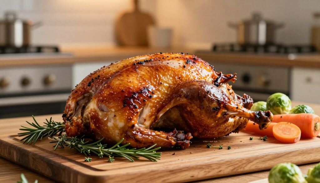 A beautifully roasted duck, glistening with a golden, crispy skin, is the focal point of the composition. The duck is arranged on a rustic wooden cutting board, garnished with fresh herbs like rosemary and thyme, and accompanied by vibrant seasonal vegetables like carrots and Brussels sprouts, creating an inviting presentation. In the background, a modern kitchen with warm, soft lighting enhances the homey atmosphere, highlighting the meal's sumptuousness. A gentle, focused overhead light casts a warm glow on the duck, emphasizing its texture and juiciness. The angle is slightly elevated, giving a mouth-watering view of the dish without any text or distractions. A beautifully roasted duck, glistening with a golden, crispy skin, is the focal point of the composition. The duck is arranged on a rustic wooden cutting board, garnished with fresh herbs like rosemary and thyme, and accompanied by vibrant seasonal vegetables like carrots and Brussels sprouts, creating an inviting presentation. In the background, a modern kitchen with warm, soft lighting enhances the homey atmosphere, highlighting the meal's sumptuousness. A gentle, focused overhead light casts a warm glow on the duck, emphasizing its texture and juiciness. The angle is slightly elevated, giving a mouth-watering view of the dish without any text or distractions.