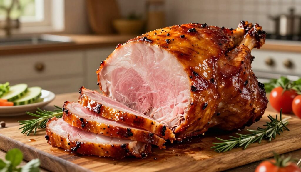 A beautifully roasted ham, glistening with a golden-brown glaze, is presented as the central focus of the image. The ham is sliced to reveal its juicy, tender interior, showcasing the succulent pink meat. Surrounding the ham, a rustic wooden table is adorned with fresh herbs and seasonal vegetables, enhancing the visual appeal. In the background, a cozy kitchen setting is illuminated by warm, soft lighting, creating an inviting atmosphere. The angle is slightly elevated to capture the details of the ham and its surroundings, emphasizing the texture and moisture of the meat. This scene conveys warmth and comfort, ideal for illustrating the perfect cooking temperature for a juicy ham. A beautifully roasted ham, glistening with a golden-brown glaze, is presented as the central focus of the image. The ham is sliced to reveal its juicy, tender interior, showcasing the succulent pink meat. Surrounding the ham, a rustic wooden table is adorned with fresh herbs and seasonal vegetables, enhancing the visual appeal. In the background, a cozy kitchen setting is illuminated by warm, soft lighting, creating an inviting atmosphere. The angle is slightly elevated to capture the details of the ham and its surroundings, emphasizing the texture and moisture of the meat. This scene conveys warmth and comfort, ideal for illustrating the perfect cooking temperature for a juicy ham.