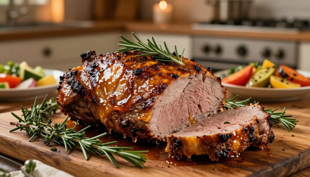 A beautifully roasted piece of juicy meat from the oven, glistening with a rich, golden-brown glaze, is the focal point in the foreground. It is surrounded by fresh herbs like rosemary and thyme, and vibrant side dishes of colorful roasted vegetables, enhancing the visual appeal. The meat is succulent and tender, with visible juices oozing out as it's sliced, showcasing its mouth-watering texture. In the background, a warmly lit kitchen setting adds a cozy atmosphere, featuring a rustic wooden table and dim, ambient lighting that casts gentle shadows. The overall mood evokes comfort and home-cooked goodness, inviting viewers to indulge in the secrets of perfectly roasted meat.