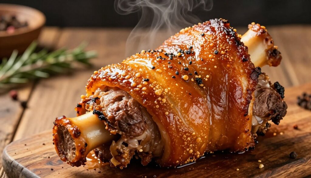 A beautifully roasted pork knuckle with a perfectly crispy skin, showcased in a close-up foreground. The skin glistens with a rich, golden-brown color, showcasing the texture of the crackling with small bubbles and seasonings visible. Juicy, tender meat peeks out from beneath the skin, emitting inviting steam. In the middle background, a rustic wooden table is adorned with a few sprigs of fresh herbs and spices, hinting at the marinade used. Soft, diffused lighting creates a warm and appetizing atmosphere, highlighting the richness of the dish. A shallow depth of field focuses on the golonka while the background remains gently blurred, enhancing the allure of this gourmet masterpiece. A beautifully roasted pork knuckle with a perfectly crispy skin, showcased in a close-up foreground. The skin glistens with a rich, golden-brown color, showcasing the texture of the crackling with small bubbles and seasonings visible. Juicy, tender meat peeks out from beneath the skin, emitting inviting steam. In the middle background, a rustic wooden table is adorned with a few sprigs of fresh herbs and spices, hinting at the marinade used. Soft, diffused lighting creates a warm and appetizing atmosphere, highlighting the richness of the dish. A shallow depth of field focuses on the golonka while the background remains gently blurred, enhancing the allure of this gourmet masterpiece.