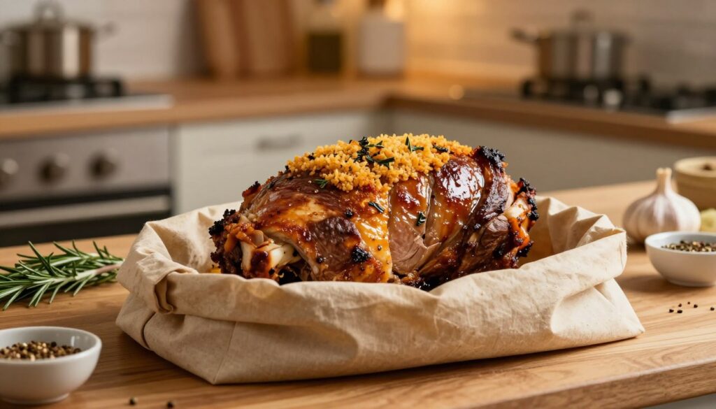 A beautifully roasted pork loin, glistening with a golden-brown crust, stands prominently in a rustic oven bag, positioned on a wooden kitchen counter in the foreground. The rich textures of the pork, showcasing succulent juices and herbs glistening in the light, draw focus. In the middle ground, hints of fresh ingredients like rosemary, garlic, and a small bowl of seasoning invite the viewer’s eye. The background features a softly lit kitchen with warm, cozy ambiance created by ambient lighting, casting gentle shadows that emphasize the main dish. Capture the inviting atmosphere of home cooking with a warm color palette that highlights the richness of the pork. The image should evoke a sense of comfort and delicious anticipation, suggesting the perfect method to ensure juicy, well-cooked pork. A beautifully roasted pork loin, glistening with a golden-brown crust, stands prominently in a rustic oven bag, positioned on a wooden kitchen counter in the foreground. The rich textures of the pork, showcasing succulent juices and herbs glistening in the light, draw focus. In the middle ground, hints of fresh ingredients like rosemary, garlic, and a small bowl of seasoning invite the viewer’s eye. The background features a softly lit kitchen with warm, cozy ambiance created by ambient lighting, casting gentle shadows that emphasize the main dish. Capture the inviting atmosphere of home cooking with a warm color palette that highlights the richness of the pork. The image should evoke a sense of comfort and delicious anticipation, suggesting the perfect method to ensure juicy, well-cooked pork.