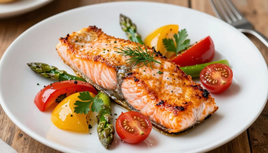 A beautifully roasted salmon fillet, glistening with a golden, crispy crust, is presented on an elegant white plate. The salmon is garnished with fresh herbs like dill and parsley, alongside a vibrant array of colorful roasted vegetables, including bell peppers, asparagus, and cherry tomatoes, arranged artfully around the fish. Soft, warm, natural lighting enhances the rich colors and textures, adding a mouthwatering glow to the dish. The composition captures the salmon from a slight overhead angle, showcasing its flaky, juicy interior peeking through the golden exterior. The background features a rustic wooden table setting, evoking a warm, inviting atmosphere perfect for a contemporary dining experience. The overall mood is sophisticated yet comfortable, emphasizing the freshness and quality of the ingredients. A beautifully roasted salmon fillet, glistening with a golden, crispy crust, is presented on an elegant white plate. The salmon is garnished with fresh herbs like dill and parsley, alongside a vibrant array of colorful roasted vegetables, including bell peppers, asparagus, and cherry tomatoes, arranged artfully around the fish. Soft, warm, natural lighting enhances the rich colors and textures, adding a mouthwatering glow to the dish. The composition captures the salmon from a slight overhead angle, showcasing its flaky, juicy interior peeking through the golden exterior. The background features a rustic wooden table setting, evoking a warm, inviting atmosphere perfect for a contemporary dining experience. The overall mood is sophisticated yet comfortable, emphasizing the freshness and quality of the ingredients.