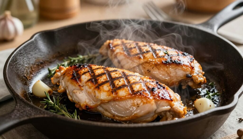 A beautifully seared chicken breast cooking in a skillet, glistening with a golden-brown sheen. The foreground features the chicken breast with grill marks, delicately placed in a cast-iron pan adorned with fresh herbs and garlic cloves to enhance the visual appeal. In the middle ground, the focus is on the pan, where the chicken is sizzling gently, releasing savory steam. A light source from above casts soft, warm light, highlighting the textures of the meat and creating an appetizing glow. In the background, a rustic kitchen setting adds to the homey atmosphere, with blurred outlines of utensils and ingredients enhancing the cooking scene. The overall mood is inviting and warm, capturing the essence of preparing a delightful meal. A beautifully seared chicken breast cooking in a skillet, glistening with a golden-brown sheen. The foreground features the chicken breast with grill marks, delicately placed in a cast-iron pan adorned with fresh herbs and garlic cloves to enhance the visual appeal. In the middle ground, the focus is on the pan, where the chicken is sizzling gently, releasing savory steam. A light source from above casts soft, warm light, highlighting the textures of the meat and creating an appetizing glow. In the background, a rustic kitchen setting adds to the homey atmosphere, with blurred outlines of utensils and ingredients enhancing the cooking scene. The overall mood is inviting and warm, capturing the essence of preparing a delightful meal.