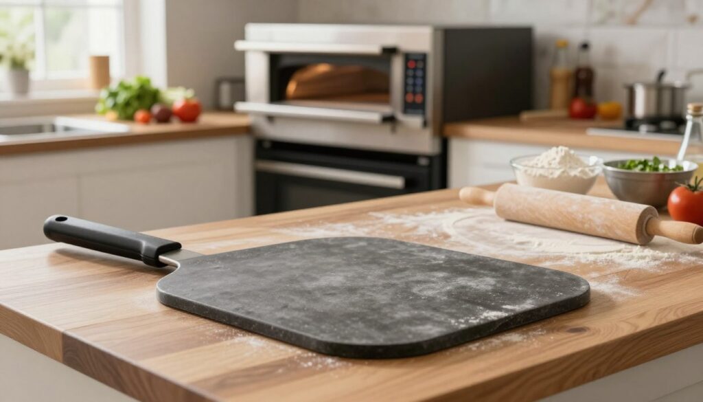 A clean, modern kitchen setup showcasing various kitchen equipment essential for achieving a crispy pizza crust. In the foreground, focus on a professional-grade pizza stone and a high-quality pizza peel resting on a wooden countertop. In the middle ground, include a pizza oven with adjustable settings, surrounded by bowls of flour, a rolling pin, and fresh ingredients to highlight the preparation process. The background features a brightly lit, inviting kitchen atmosphere with a subtle hint of a rustic-style backsplash. Soft, natural lighting filters through a window, creating a warm and appetizing ambiance. Use a slightly elevated angle to capture the entire scene, emphasizing the relationship between the tools and their purpose in creating the perfect crispy pizza base.