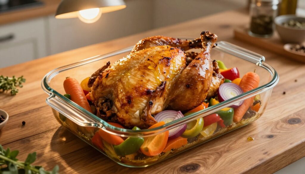 A clear glass casserole dish filled with golden-brown roasted chicken surrounded by vibrant, colorful vegetables such as carrots, bell peppers, and red onions, all glistening with a light drizzle of olive oil. The dish, placed on a rustic wooden kitchen table, catches the warm glow of overhead pendant lighting, casting soft shadows that enhance the textures of the food. In the background, blurred kitchen elements like herbs and spices add to the inviting atmosphere. The angle should be slightly from above, capturing the inviting presentation of the dish, emphasizing the succulent appearance of the chicken and the freshness of the vegetables. The overall mood is warm and appetizing, perfect for a cooking article. A clear glass casserole dish filled with golden-brown roasted chicken surrounded by vibrant, colorful vegetables such as carrots, bell peppers, and red onions, all glistening with a light drizzle of olive oil. The dish, placed on a rustic wooden kitchen table, catches the warm glow of overhead pendant lighting, casting soft shadows that enhance the textures of the food. In the background, blurred kitchen elements like herbs and spices add to the inviting atmosphere. The angle should be slightly from above, capturing the inviting presentation of the dish, emphasizing the succulent appearance of the chicken and the freshness of the vegetables. The overall mood is warm and appetizing, perfect for a cooking article.