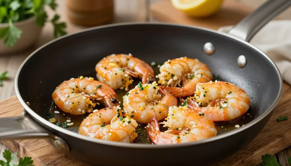 A close-up image of shrimp sizzling on a frying pan, glistening in a light golden hue. The shrimp are juicy and coated with a delicious marinade featuring garlic, lemon zest, and fresh herbs, with some sprigs of parsley scattered around. The frying pan is black with a shiny stainless-steel handle, resting on a rustic wooden surface. In the background, soft-focus elements of an inviting kitchen environment, such as herbs in pots and kitchen utensils, create a warm atmosphere. The lighting is soft and warm, highlighting the texture of the shrimp and the vibrant colors of the marinade. The angle is slightly above the pan, capturing the shrimp in action and making the viewer feel engaged in the cooking process. A close-up image of shrimp sizzling on a frying pan, glistening in a light golden hue. The shrimp are juicy and coated with a delicious marinade featuring garlic, lemon zest, and fresh herbs, with some sprigs of parsley scattered around. The frying pan is black with a shiny stainless-steel handle, resting on a rustic wooden surface. In the background, soft-focus elements of an inviting kitchen environment, such as herbs in pots and kitchen utensils, create a warm atmosphere. The lighting is soft and warm, highlighting the texture of the shrimp and the vibrant colors of the marinade. The angle is slightly above the pan, capturing the shrimp in action and making the viewer feel engaged in the cooking process.