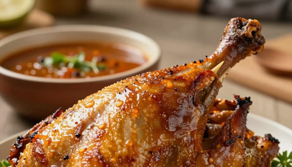 A close-up of a beautifully roasted turkey leg with a perfectly crispy golden-brown skin, displaying intricate textures that showcase the crunchiness. The foreground features glistening skin with droplets of flavorful marinade, creating an inviting and appetizing look. In the middle ground, an aromatic sauce in a rustic bowl adds depth, with herbs and spices floating atop, enhancing the rustic feel. The background is softly blurred, revealing hints of a cozy kitchen environment with warm, inviting lighting that emphasizes the dish's succulence. Capture the image from a slight angle to highlight the skin's texture and the richness of the sauce, evoking a sense of warmth and delicious anticipation. The overall mood is inviting and appetizing, perfect for showcasing culinary delights.