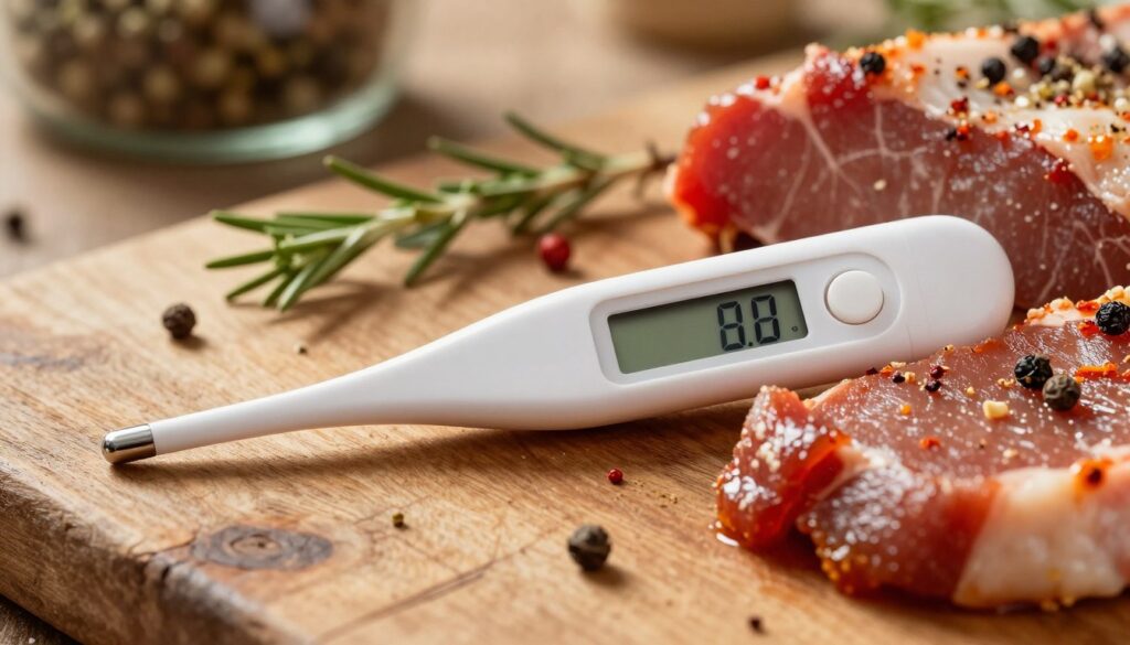 A close-up of a digital thermometer displaying an accurate temperature reading, set against a rustic wooden background filled with uncooked marinated meats in various spices. In the foreground, the thermometer's sleek design contrasts with the rich textures of the marinated meat, which glistens under soft, warm lighting. In the middle ground, a few aromatic herbs and spices are scattered artistically, hinting at the flavor profile of the marinade. The background features a blurred smokehouse, subtly illuminated by gentle sunlight filtering through, creating an inviting atmosphere. The overall mood conveys attention to detail and the importance of precise temperature control in the marinating process. A close-up of a digital thermometer displaying an accurate temperature reading, set against a rustic wooden background filled with uncooked marinated meats in various spices. In the foreground, the thermometer's sleek design contrasts with the rich textures of the marinated meat, which glistens under soft, warm lighting. In the middle ground, a few aromatic herbs and spices are scattered artistically, hinting at the flavor profile of the marinade. The background features a blurred smokehouse, subtly illuminated by gentle sunlight filtering through, creating an inviting atmosphere. The overall mood conveys attention to detail and the importance of precise temperature control in the marinating process.