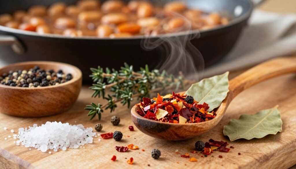 A close-up of a vibrant assortment of seasonings and herbs used for flavoring "fasolka po bretońsku". The foreground features a rustic wooden spoon filled with a mix of paprika, thyme, and bay leaves, alongside a small dish of sea salt and freshly ground black pepper. In the middle, scattered dried chili flakes and whole peppercorns enhance the visual richness. The background showcases a blurred kitchen setting, with a pot of simmering beans giving off a faint steam, evoking a warm, homely atmosphere. Soft, natural lighting bathes the scene, highlighting the textures of the spices and the warmth of the wooden surfaces. The overall mood is inviting and cozy, perfect for illustrating the depth of flavor in a traditional dish.