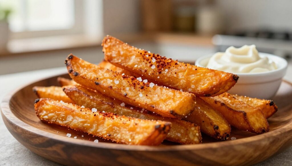 A close-up of crispy sweet potato fries arranged neatly on a rustic wooden plate. The fries, golden-brown and perfectly crisp, are sprinkled with sea salt and a dash of paprika to enhance their color and flavor. In the background, a softly blurred kitchen setting adds a warm ambiance, with light streaming in from a nearby window, creating a cozy atmosphere. The focus should be on the texture of the fries, capturing their crunchy exterior and tender inside. A small bowl of garlic aioli is placed beside the fries, invitingly prepared for dipping. Ideal soft natural lighting emphasizes the rich colors and textures, creating an appetizing and attractive composition. A close-up of crispy sweet potato fries arranged neatly on a rustic wooden plate. The fries, golden-brown and perfectly crisp, are sprinkled with sea salt and a dash of paprika to enhance their color and flavor. In the background, a softly blurred kitchen setting adds a warm ambiance, with light streaming in from a nearby window, creating a cozy atmosphere. The focus should be on the texture of the fries, capturing their crunchy exterior and tender inside. A small bowl of garlic aioli is placed beside the fries, invitingly prepared for dipping. Ideal soft natural lighting emphasizes the rich colors and textures, creating an appetizing and attractive composition.