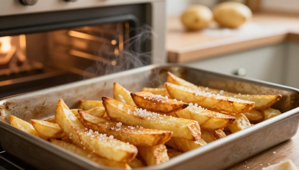 A close-up of golden-brown roasted fries elegantly arranged in a rustic baking tray, showcasing their crispy texture and inviting sheen. In the foreground, sprinkle of sea salt glistens on the fries. The middle ground features a warm oven with a slightly ajar door, revealing a hint of steam, suggesting the fries are just out of the heat. In the background, soft-focus of a cozy kitchen setting with wooden countertops and fresh potatoes lightly dusted with flour, reflecting the preparation stage. Soft, natural lighting bathes the scene, creating a homely and inviting atmosphere, emphasizing the deliciousness of oven-baked fries. The composition captures a sense of warmth and comfort without any people, making it perfect for illustrating the topic of cooking.