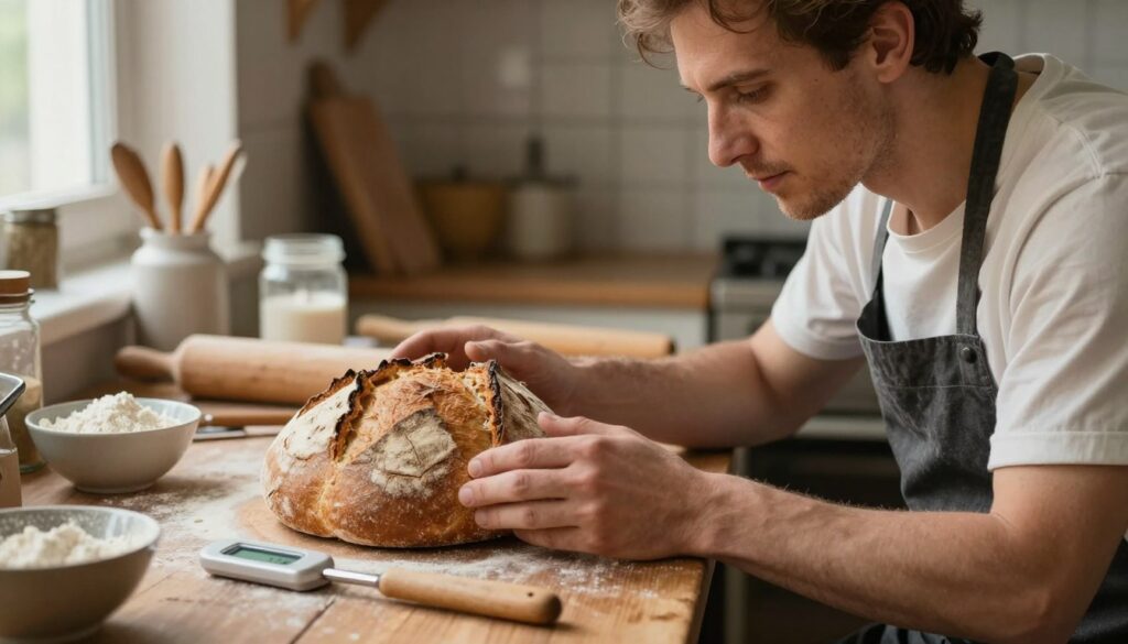 A close-up scene featuring a baker in a modest casual outfit, examining a loaf of bread with a cracked, uneven crust, symbolizing common baking problems. The foreground showcases the baker's focused expression as they assess the bread, with a variety of baking tools and ingredients scattered around, such as flour, bowls, and a digital thermometer. In the middle, a rustic wooden table contrasts with the artisanal bread, while the background features a warm, inviting kitchen with soft, natural light filtering through a window. The atmosphere is one of contemplation and learning, emphasizing the art of bread baking and the challenges that can arise. The image should evoke a sense of warmth and the quest for improvement in baking techniques. A close-up scene featuring a baker in a modest casual outfit, examining a loaf of bread with a cracked, uneven crust, symbolizing common baking problems. The foreground showcases the baker's focused expression as they assess the bread, with a variety of baking tools and ingredients scattered around, such as flour, bowls, and a digital thermometer. In the middle, a rustic wooden table contrasts with the artisanal bread, while the background features a warm, inviting kitchen with soft, natural light filtering through a window. The atmosphere is one of contemplation and learning, emphasizing the art of bread baking and the challenges that can arise. The image should evoke a sense of warmth and the quest for improvement in baking techniques.