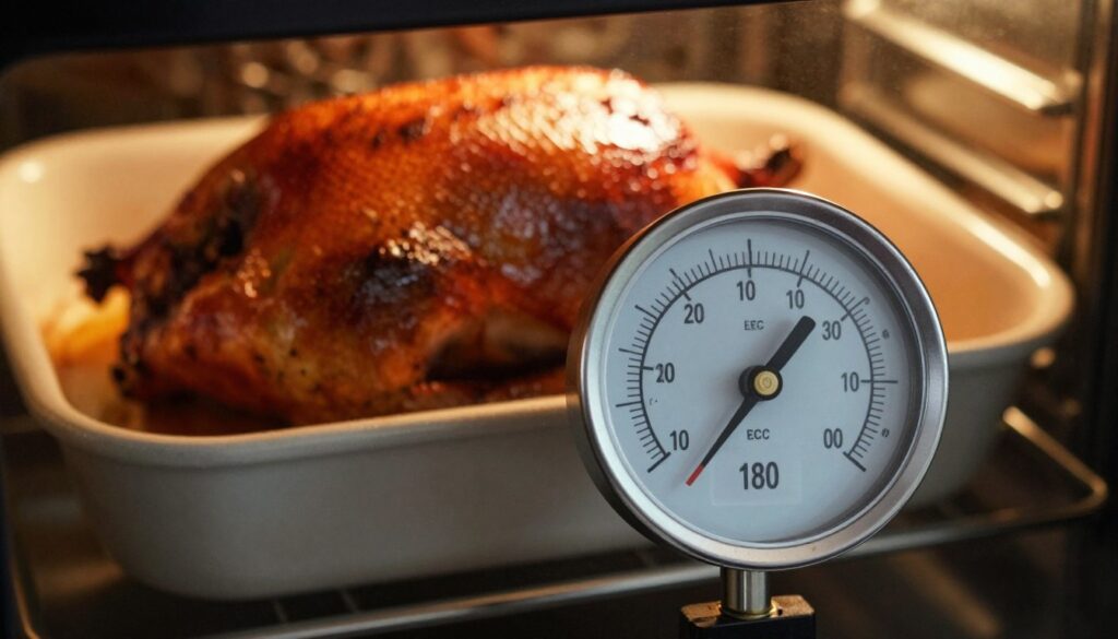 A close-up shot of an oven thermometer displaying a precise temperature reading, surrounded by the warm, inviting glow of an oven light. In the foreground, the thermometer is sharply in focus, highlighting the reading at 180 degrees Celsius. The background features a slightly blurred view of a roasted duck in a baking dish, illustrating the golden, crispy skin and succulent meat. Soft, ambient lighting creates a cozy atmosphere, emphasizing the importance of temperature control in cooking. The image evokes a sense of warmth and homeliness, perfect for culinary enthusiasts. The angle captures the scene from a slight above, allowing for a clear view of both the thermometer and the roasted dish, without any text or distractions. A close-up shot of an oven thermometer displaying a precise temperature reading, surrounded by the warm, inviting glow of an oven light. In the foreground, the thermometer is sharply in focus, highlighting the reading at 180 degrees Celsius. The background features a slightly blurred view of a roasted duck in a baking dish, illustrating the golden, crispy skin and succulent meat. Soft, ambient lighting creates a cozy atmosphere, emphasizing the importance of temperature control in cooking. The image evokes a sense of warmth and homeliness, perfect for culinary enthusiasts. The angle captures the scene from a slight above, allowing for a clear view of both the thermometer and the roasted dish, without any text or distractions.