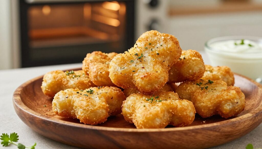 A close-up shot of golden-brown baked chicken nuggets arranged neatly on a rustic wooden plate. The nuggets have a crispy texture, showing a light coating of herbs and spices, capturing a savory appeal. In the background, there's a softly glowing oven with the door slightly ajar, hinting at the cooking process. Natural lighting floods the scene, creating a warm and inviting atmosphere. A few fresh herbs and a small bowl of tangy dipping sauce are placed beside the plate, adding a pop of color. The angle should be slightly tilted, emphasizing the texture of the nuggets and inviting the viewer to imagine the delicious taste of this homemade dish.