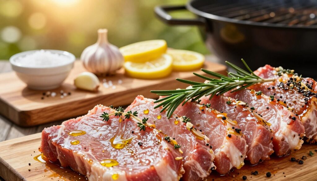 A close-up view of a beautifully marinated pork loin ready for grilling, showcasing vibrant herbs and spices. The foreground features glistening slices of the marinated meat, garnished with sprigs of rosemary and thyme, highlighted by droplets of olive oil. In the middle ground, a rustic wooden cutting board displays the marinade ingredients, including garlic cloves, lemon slices, and a small bowl of coarse sea salt, all artistically arranged for visual appeal. In the background, a warm, sunlit outdoor grill is softly blurred, hinting at the cooking process. The natural lighting bathes the scene in a golden glow, creating an inviting, appetizing atmosphere. Capture this mouthwatering moment with a shallow depth of field to emphasize the marinade's textures and colors, evoking a sense of summer BBQ delight.