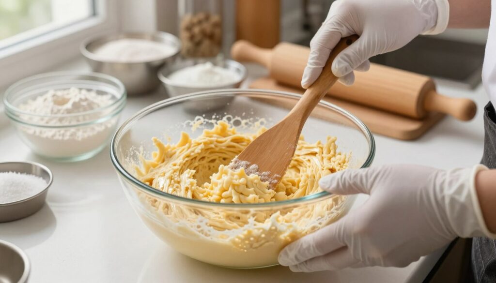 A close-up view of a chef skillfully mixing a light, airy biscuit batter in a glass bowl. The foreground features the chef's hands, wearing white latex gloves, as they gently fold the batter using a wooden spatula. In the middle, the glass bowl is filled with fluffy, pale yellow batter, capturing the texture of air bubbles. A backdrop of a well-lit kitchen counters filled with baking tools and ingredients, such as flour, eggs, and sugar, creates an organized cooking environment. Soft natural light from a window highlights the batter's sheen, casting gentle shadows. The atmosphere is warm and inviting, encouraging the viewer to feel inspired to bake. The scene is focused and clear, with a shallow depth of field emphasizing the mixing techniques without any distractions. A close-up view of a chef skillfully mixing a light, airy biscuit batter in a glass bowl. The foreground features the chef's hands, wearing white latex gloves, as they gently fold the batter using a wooden spatula. In the middle, the glass bowl is filled with fluffy, pale yellow batter, capturing the texture of air bubbles. A backdrop of a well-lit kitchen counters filled with baking tools and ingredients, such as flour, eggs, and sugar, creates an organized cooking environment. Soft natural light from a window highlights the batter's sheen, casting gentle shadows. The atmosphere is warm and inviting, encouraging the viewer to feel inspired to bake. The scene is focused and clear, with a shallow depth of field emphasizing the mixing techniques without any distractions.