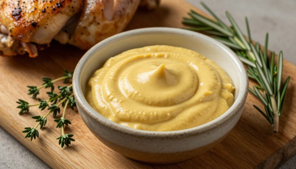 A close-up view of a creamy yellow mustard sauce, known as "musztardy krem," placed elegantly in a small, rustic ceramic bowl. The sauce is smooth and rich, glistening slightly under soft, natural light that highlights its velvety texture. Surrounding the bowl, fresh herbs like thyme and rosemary are scattered carelessly, adding a pop of green to the earthy tones. In the background, a wooden cutting board is visible with marinated chicken ready for roasting, creating a warm, inviting atmosphere. The composition should draw the viewer's eye to the mustard sauce, evoking a sense of depth and flavor that complements the culinary theme. The angle is slightly overhead to capture all elements harmoniously, suggesting a cozy kitchen environment. A close-up view of a creamy yellow mustard sauce, known as "musztardy krem," placed elegantly in a small, rustic ceramic bowl. The sauce is smooth and rich, glistening slightly under soft, natural light that highlights its velvety texture. Surrounding the bowl, fresh herbs like thyme and rosemary are scattered carelessly, adding a pop of green to the earthy tones. In the background, a wooden cutting board is visible with marinated chicken ready for roasting, creating a warm, inviting atmosphere. The composition should draw the viewer's eye to the mustard sauce, evoking a sense of depth and flavor that complements the culinary theme. The angle is slightly overhead to capture all elements harmoniously, suggesting a cozy kitchen environment.