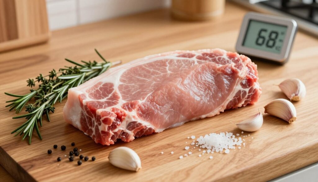 A close-up view of a raw pork loin resting on a wooden kitchen countertop, showcasing its rich pink hue and marbling. The meat is surrounded by a collection of spices and herbs like thyme, rosemary, garlic cloves, and coarse salt arranged artistically. In the background, a thermometer displays an ideal room temperature of around 68°F (20°C), emphasizing the importance of letting meat reach room temperature before cooking. The lighting is warm and natural, simulating a cozy kitchen atmosphere, with soft shadows cascading across the countertop. The image should evoke a sense of preparation and care, inviting the viewer into the art of cooking. Focus on clarity and detail to highlight the texture and quality of the meat and ingredients, while maintaining a clean, distraction-free composition. A close-up view of a raw pork loin resting on a wooden kitchen countertop, showcasing its rich pink hue and marbling. The meat is surrounded by a collection of spices and herbs like thyme, rosemary, garlic cloves, and coarse salt arranged artistically. In the background, a thermometer displays an ideal room temperature of around 68°F (20°C), emphasizing the importance of letting meat reach room temperature before cooking. The lighting is warm and natural, simulating a cozy kitchen atmosphere, with soft shadows cascading across the countertop. The image should evoke a sense of preparation and care, inviting the viewer into the art of cooking. Focus on clarity and detail to highlight the texture and quality of the meat and ingredients, while maintaining a clean, distraction-free composition.