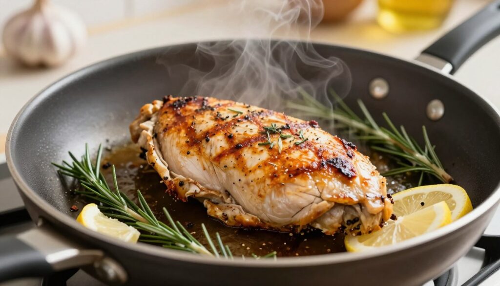 A close-up view of a sizzling chicken breast in a frying pan, showcasing perfectly golden-brown sear marks. Juicy and tender, the chicken is marinated with herbs and spices, with aromatic steam wafting above. Surrounding the chicken, vibrant ingredients like fresh rosemary, garlic, and lemon slices add color and texture. The background features a modern kitchen setting with soft, warm lighting highlighting the dish. Use a shallow depth of field to focus on the chicken, creating a cozy, inviting atmosphere that conveys the essence of delicious home cooking. The angle should be slightly overhead, capturing both the chicken and its flavorful garnishes. The overall mood is appetizing and elegant, emphasizing the beauty of a quick yet rich meal. A close-up view of a sizzling chicken breast in a frying pan, showcasing perfectly golden-brown sear marks. Juicy and tender, the chicken is marinated with herbs and spices, with aromatic steam wafting above. Surrounding the chicken, vibrant ingredients like fresh rosemary, garlic, and lemon slices add color and texture. The background features a modern kitchen setting with soft, warm lighting highlighting the dish. Use a shallow depth of field to focus on the chicken, creating a cozy, inviting atmosphere that conveys the essence of delicious home cooking. The angle should be slightly overhead, capturing both the chicken and its flavorful garnishes. The overall mood is appetizing and elegant, emphasizing the beauty of a quick yet rich meal.