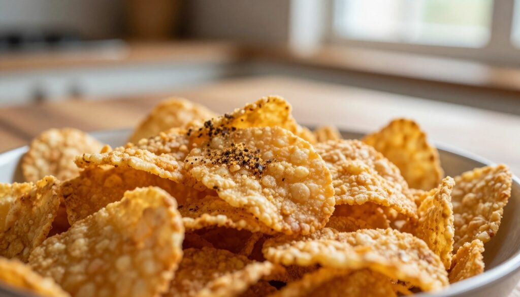 A close-up view of crispy cornflakes arranged in a shallow bowl, highlighting their golden color and texture. In the foreground, focus on the intricate details of the flakes, showcasing their crunchy surfaces and slight shine from the light. In the middle background, include a light dusting of spices that evokes the flavoring often used in breading for chicken nuggets, subtly hinting at a culinary scene. The background is softly blurred, featuring a rustic wooden kitchen table, creating an inviting and homey atmosphere. The lighting is warm and natural, streaming in from a window, casting gentle shadows that enhance the textures. The overall mood is cozy and appetizing, perfect for illustrating a delicious cooking concept.