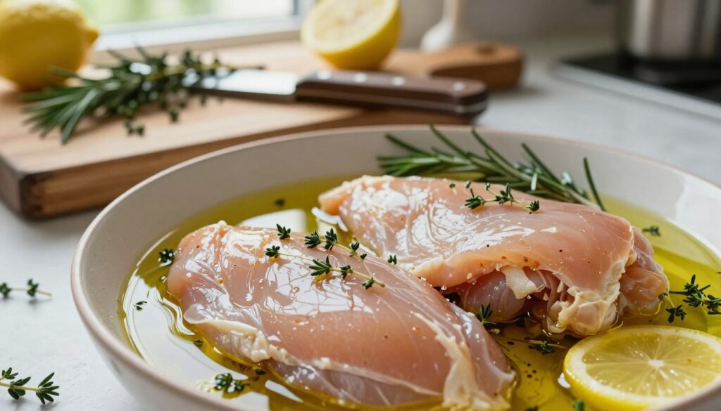 A close-up view of marinated chicken breasts being prepared for cooking. In the foreground, vibrant chicken breasts soak in a bowl filled with a flavorful marinade made of olive oil, garlic, lemon juice, and fresh herbs like thyme and rosemary. The marinade has a glossy sheen and hints of spices visible. In the middle ground, a rustic wooden cutting board with a knife and scattered herbs creates a kitchen atmosphere, while in the background, soft, natural light streams through a nearby window, illuminating the scene and enhancing the freshness of the ingredients. The overall mood is warm and inviting, suggesting the anticipation of a delicious meal. The angle is slightly above eye level for a detailed view of the marination process. A close-up view of marinated chicken breasts being prepared for cooking. In the foreground, vibrant chicken breasts soak in a bowl filled with a flavorful marinade made of olive oil, garlic, lemon juice, and fresh herbs like thyme and rosemary. The marinade has a glossy sheen and hints of spices visible. In the middle ground, a rustic wooden cutting board with a knife and scattered herbs creates a kitchen atmosphere, while in the background, soft, natural light streams through a nearby window, illuminating the scene and enhancing the freshness of the ingredients. The overall mood is warm and inviting, suggesting the anticipation of a delicious meal. The angle is slightly above eye level for a detailed view of the marination process.