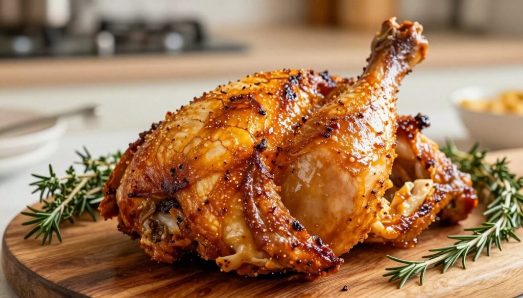 A close-up view of perfectly roasted chicken legs with golden, crispy skin glistening under warm, ambient lighting. The foreground showcases the succulent chicken, intricately detailed with a rich, caramelized exterior, highlighting the texture of the crackling skin. In the middle ground, a rustic wooden platter adds an earthy touch, with sprigs of fresh herbs like thyme and rosemary artfully arranged around the chicken. In the background, a soft-focus kitchen setting conveys a cozy, inviting atmosphere with hints of cooking utensils and ingredients, enhancing the culinary theme. The composition is vibrant and mouthwatering, evoking a sense of warmth and a home-cooked meal. The angle is slightly overhead to capture the full glory of the dish, while natural light creates an appetizing sheen on the skin.