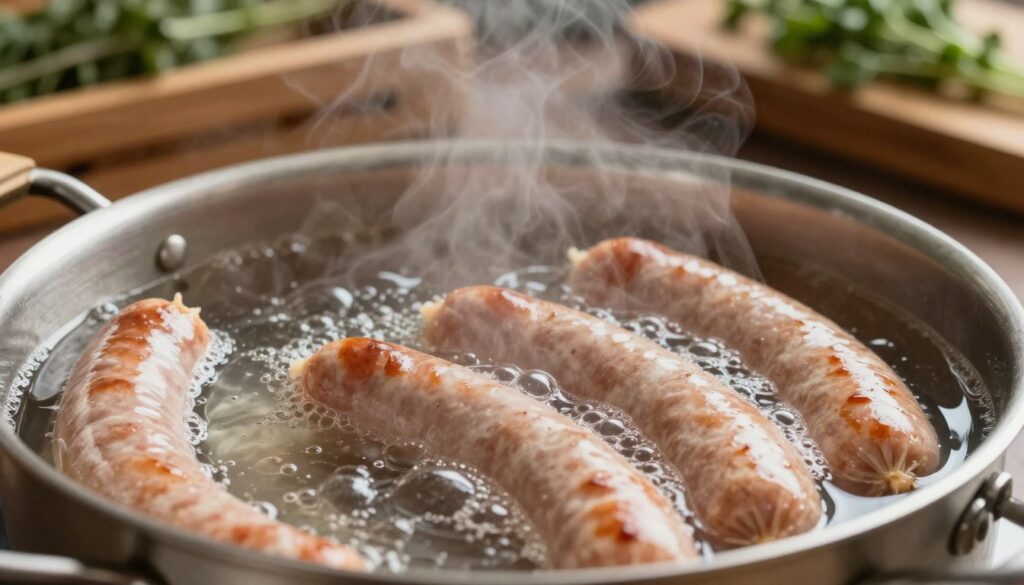 A close-up view of sausages being immersed in hot water, illustrating the precise temperature control necessary during the cooking process. In the foreground, focus on plump, juicy sausages, showing their natural glistening surfaces as steam rises gently from the pot. In the middle ground, depict the pot of simmering water, bubbles forming at the surface, conveying a sense of warmth and careful timing. The background features a rustic kitchen environment, with wooden shelves and herbs displayed, creating an inviting and homey atmosphere. Use soft, warm lighting to enhance the details and evoke a sense of comfort. The angle should be slightly tilted, drawing the viewer into the cooking scene, emphasizing the importance of the right cooking time based on sausage thickness. A close-up view of sausages being immersed in hot water, illustrating the precise temperature control necessary during the cooking process. In the foreground, focus on plump, juicy sausages, showing their natural glistening surfaces as steam rises gently from the pot. In the middle ground, depict the pot of simmering water, bubbles forming at the surface, conveying a sense of warmth and careful timing. The background features a rustic kitchen environment, with wooden shelves and herbs displayed, creating an inviting and homey atmosphere. Use soft, warm lighting to enhance the details and evoke a sense of comfort. The angle should be slightly tilted, drawing the viewer into the cooking scene, emphasizing the importance of the right cooking time based on sausage thickness.